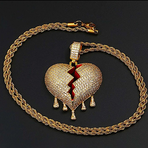 GOLD PLATED BLEEDING ZIRCON HEART ROPE CHAIN CHARM UNISEX NECKLACE - Picture 3 of 12